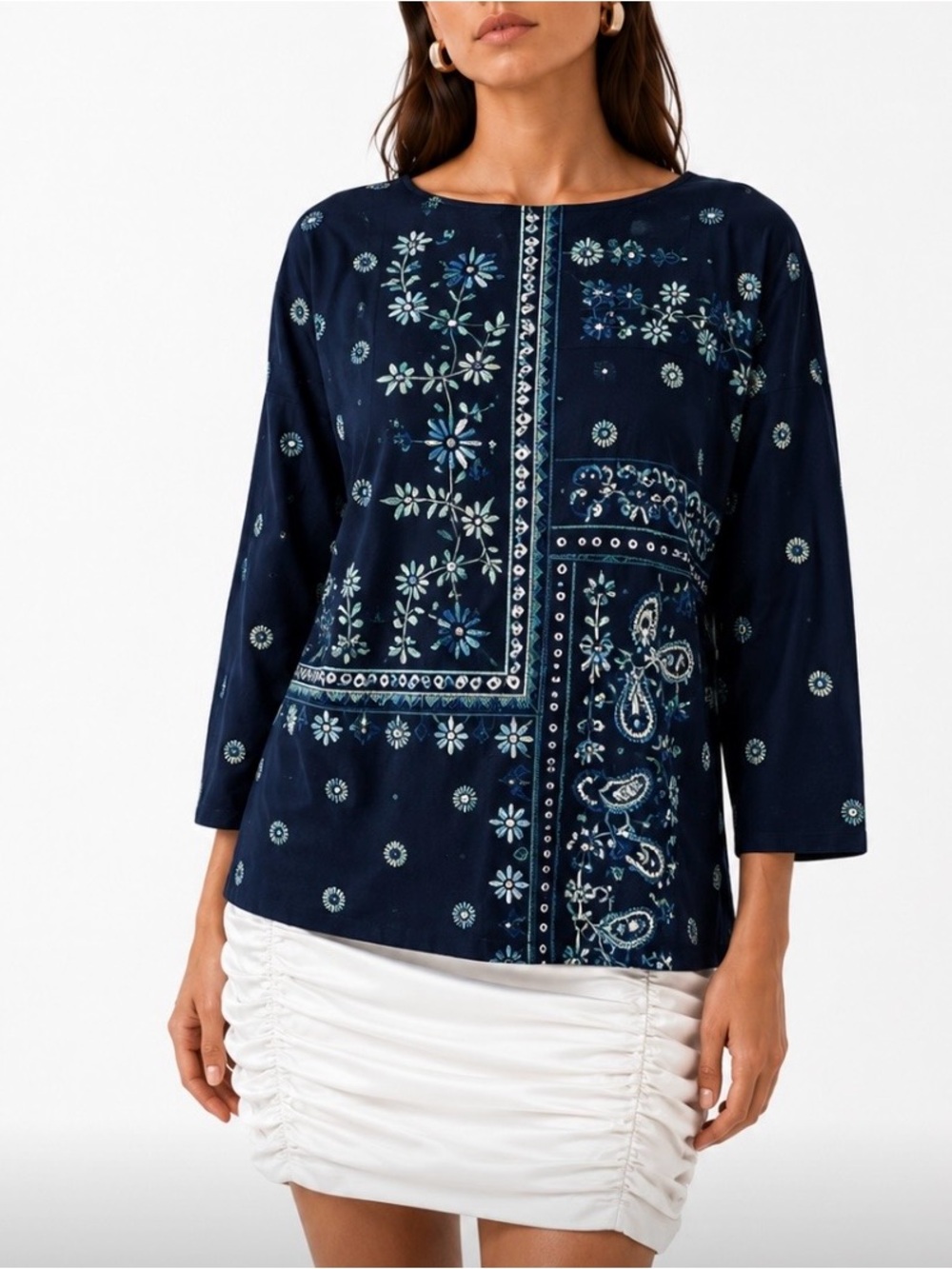 J.JILL Navy Floral Patchwork Boatneck Cotton Women's Top Size Medium
